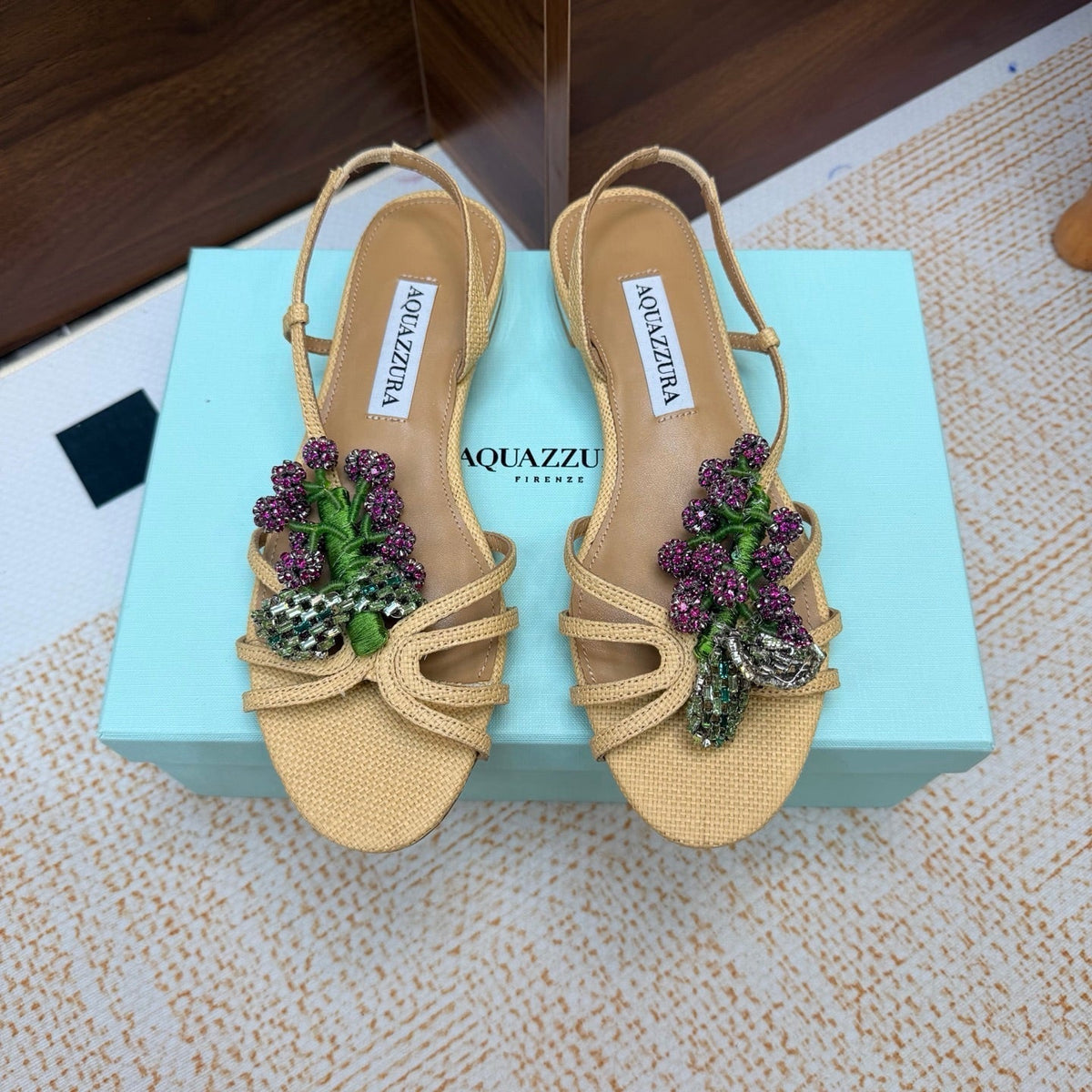 Aquazzura 26s Crystal Sandals Beige Fabric 618493