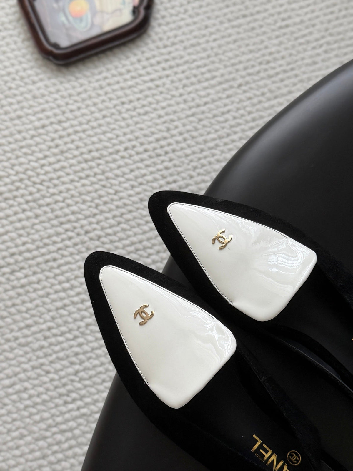 Chanel 26s Slingback Flat Black White Suede CC Logo