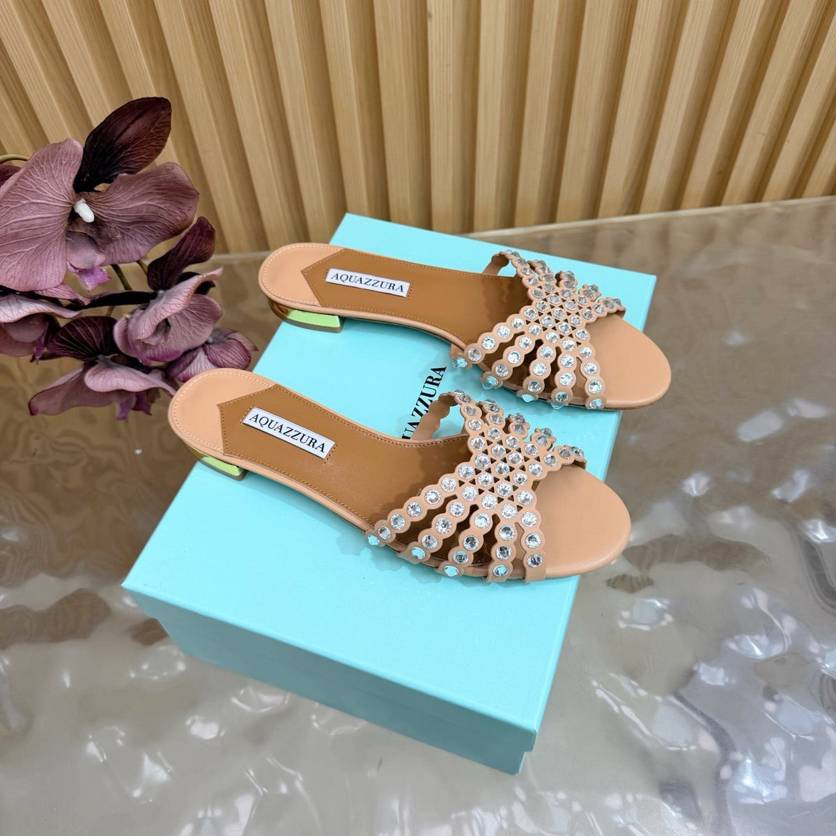 Aquazzura 26s Slides Nude Calfskin Crystal-Embellished Straps 582049