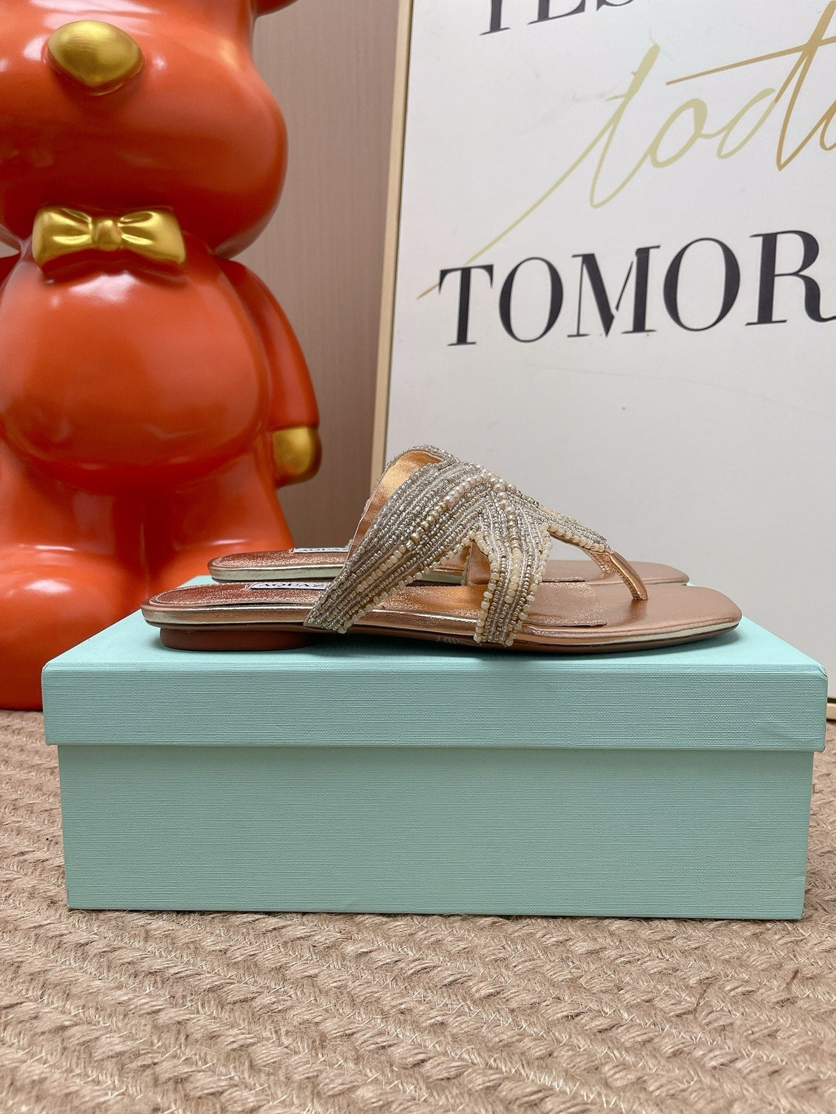 Aquazzura 26s Starfish Beaded Thong Sandals Rose Gold Lambskin 682415