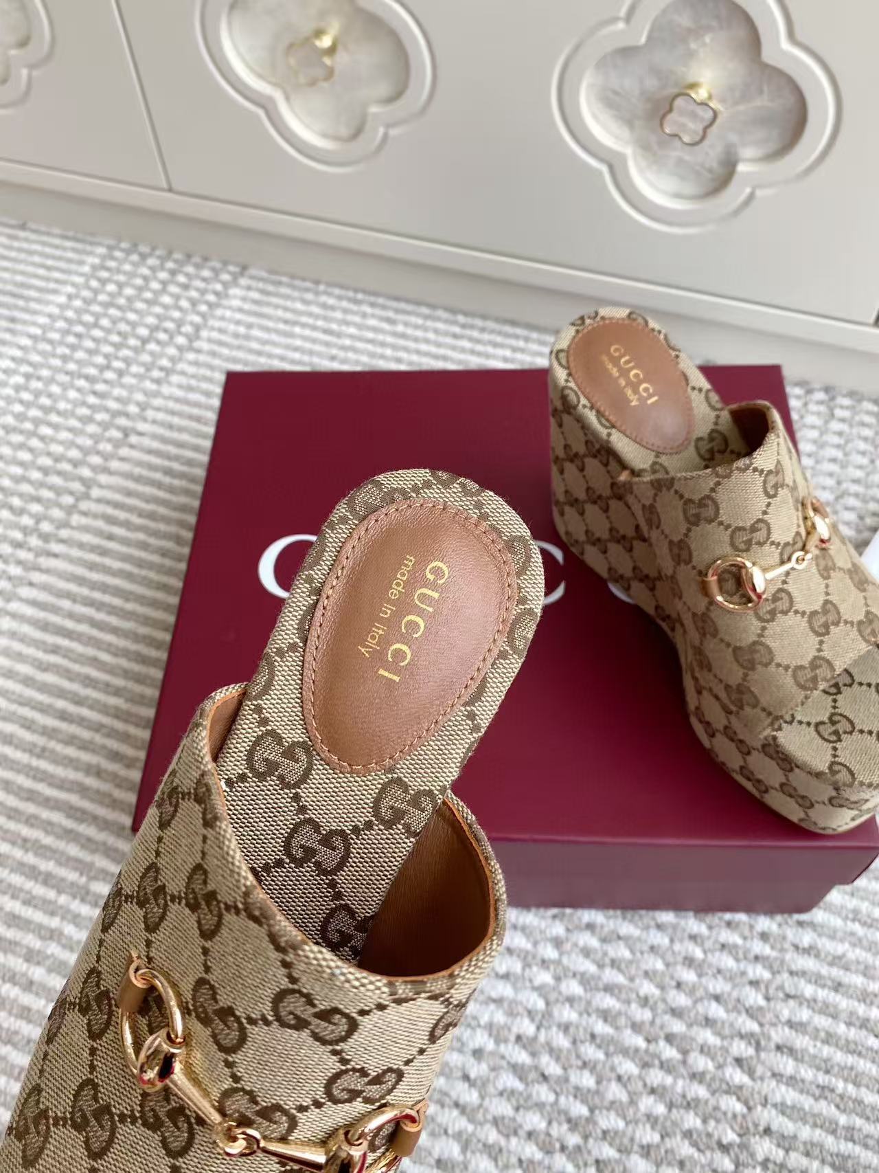 GG Women's Wedge Sandal 105mm Beige Brown Canvas