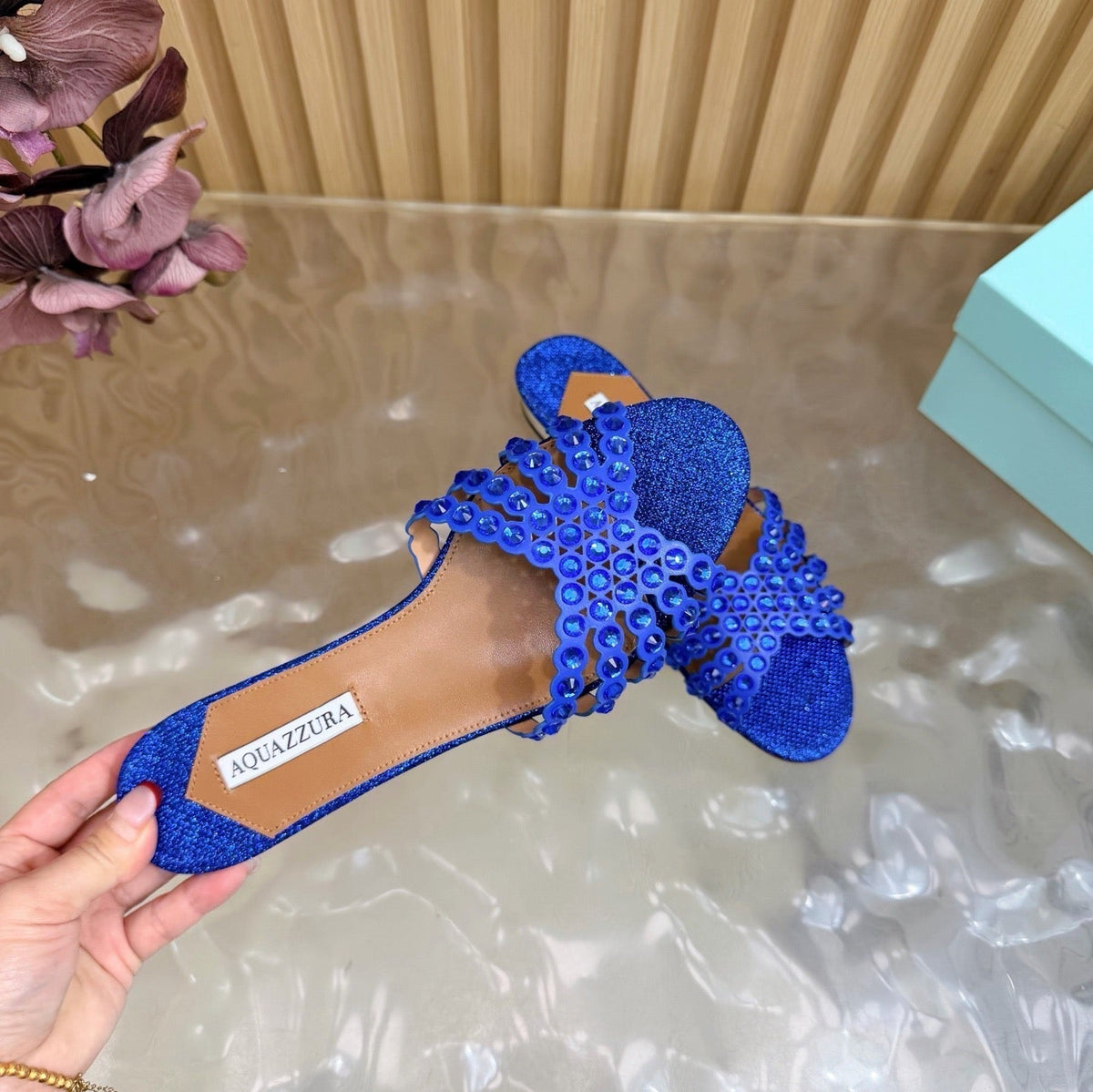 Aquazzura 26s Slides Navy Blue Lurex Fabric 614932