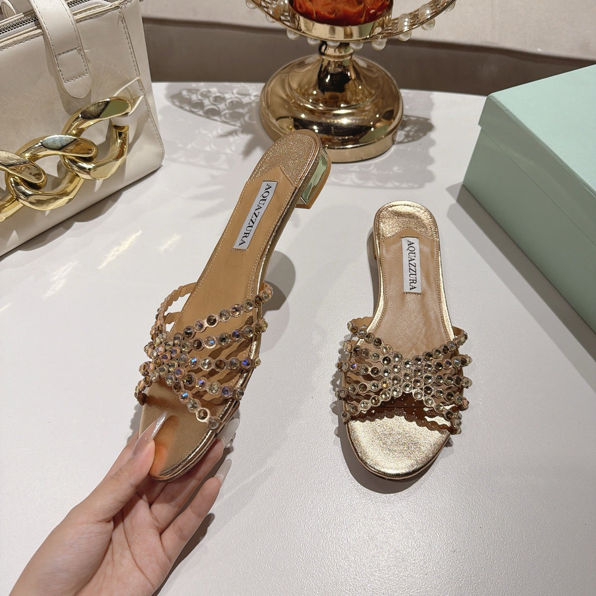 Aquazzura 26s Slides Light Gold Lambskin Crystal Embellished 501934