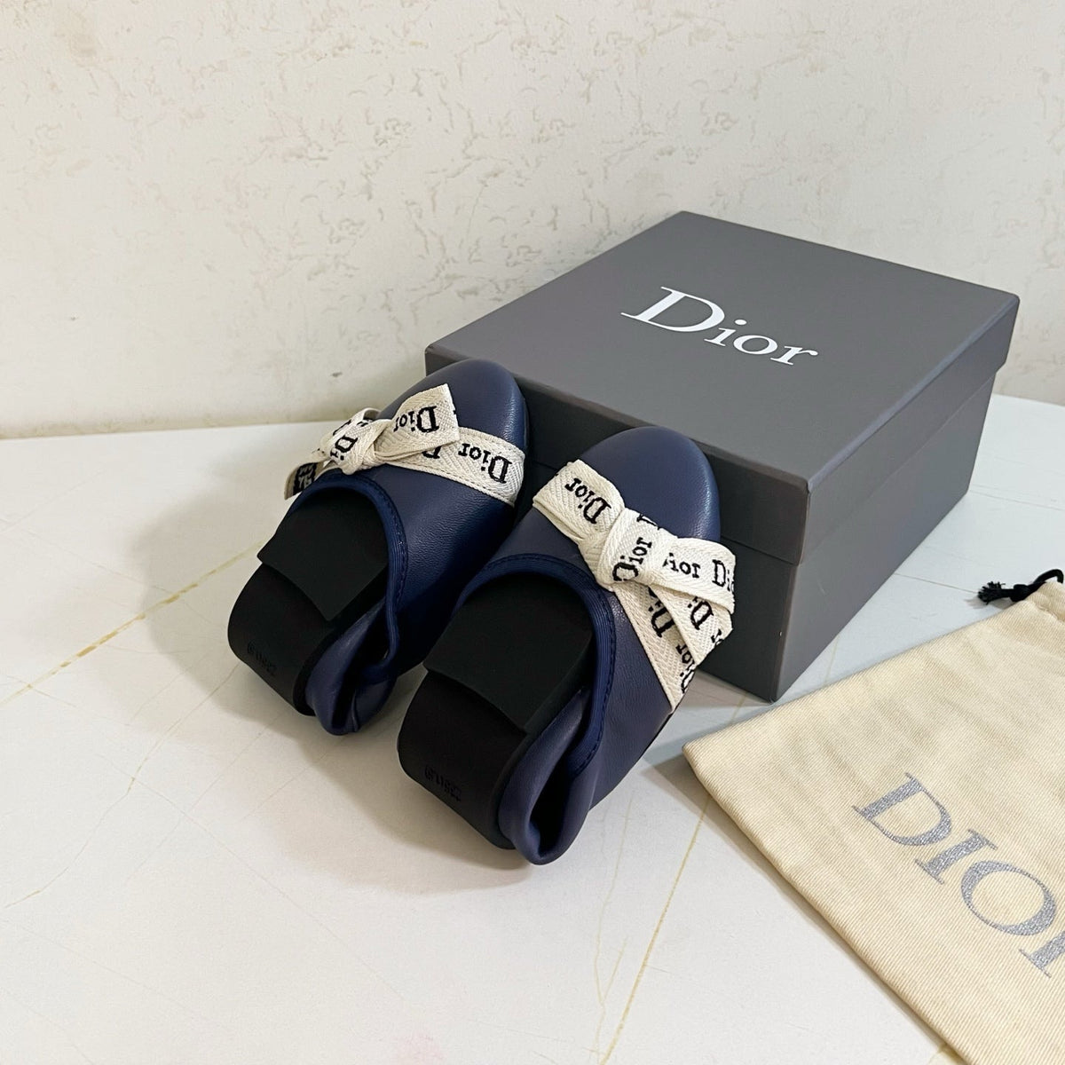 Dior 26s Bow Ballet Flats Navy Blue Calfskin