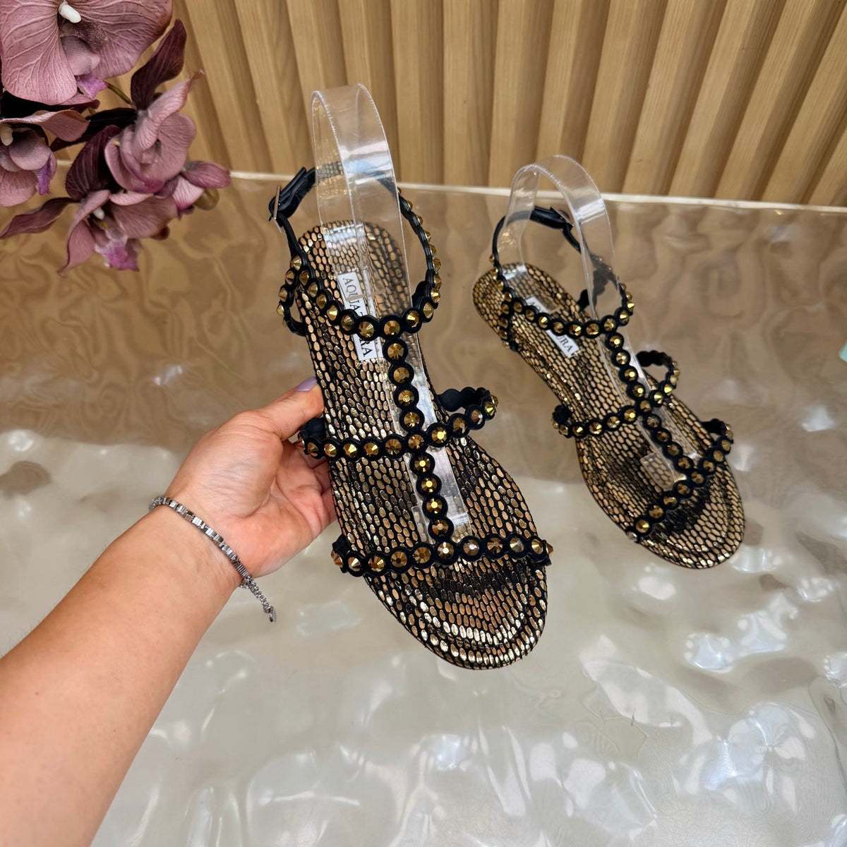 Aquazzura 26s Flat Sandals Bronze Metallic Snakeskin Crystal Embellished 739415