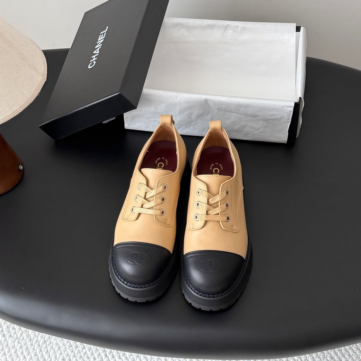 Chanel 26s Lace Up Platform Black Beige Calfskin