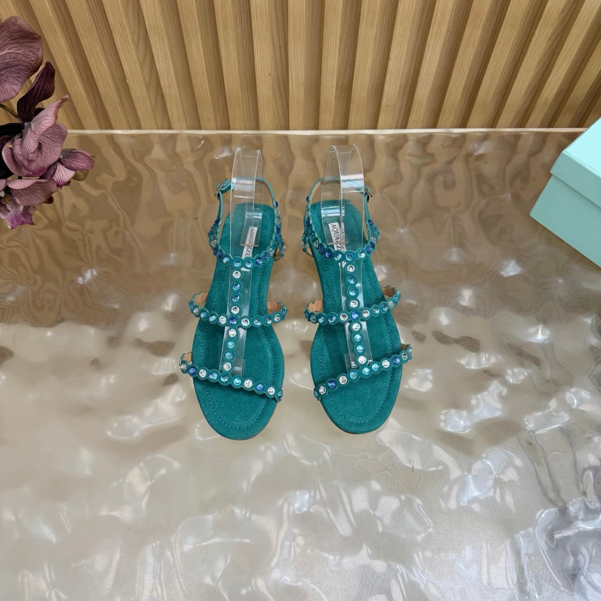 Aquazzura 26s Flat Sandals Teal Green Suede Crystal Embellished 615934