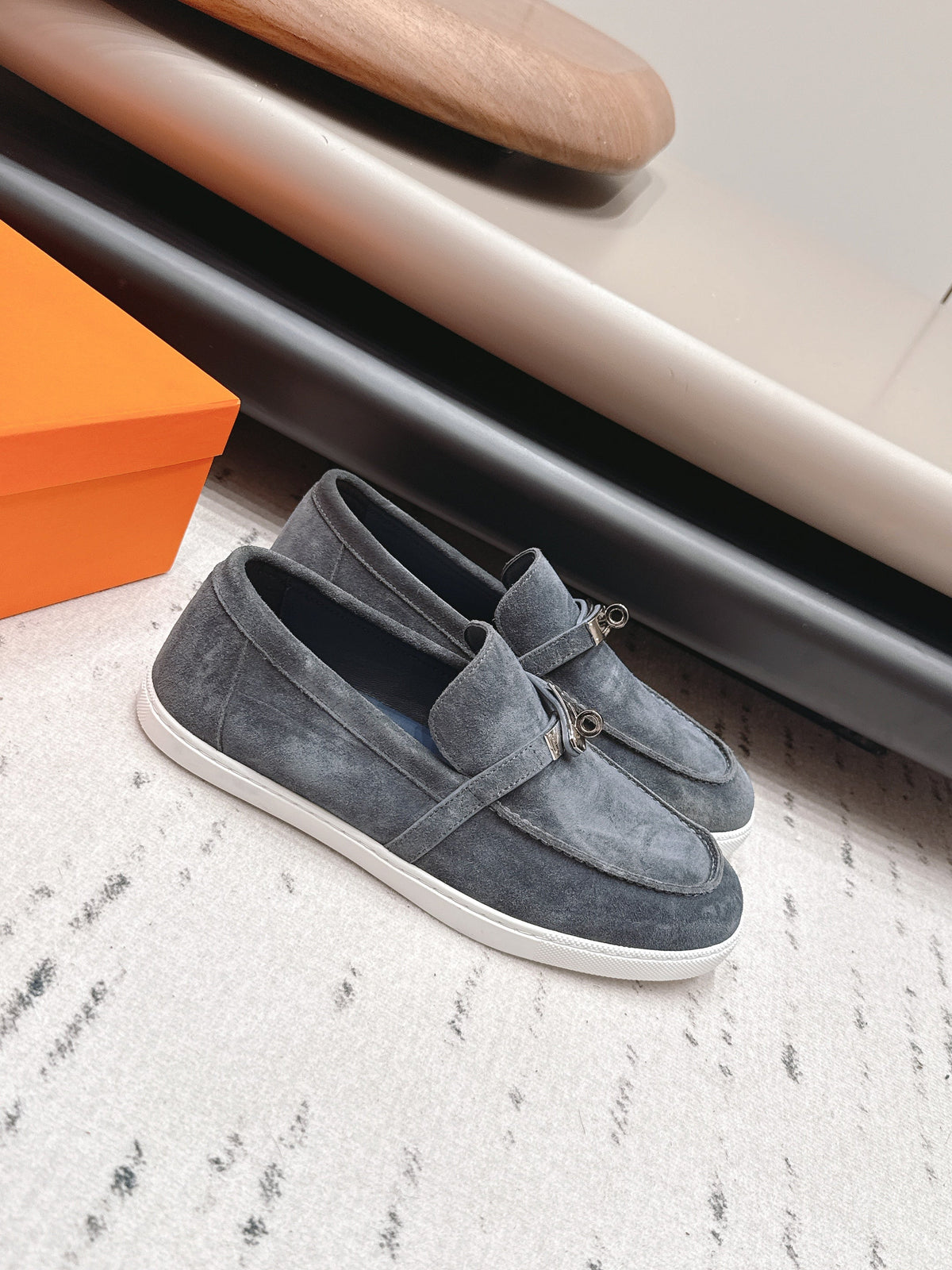 HM 26S Kelly Paris Loafers Blue Grey Suede Silver Hardware