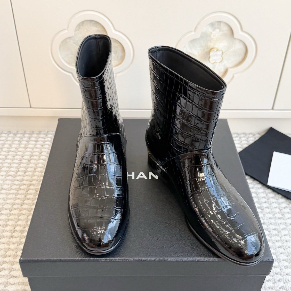 Chanel 26s Short Boots Black Patent Crocodile Embossed