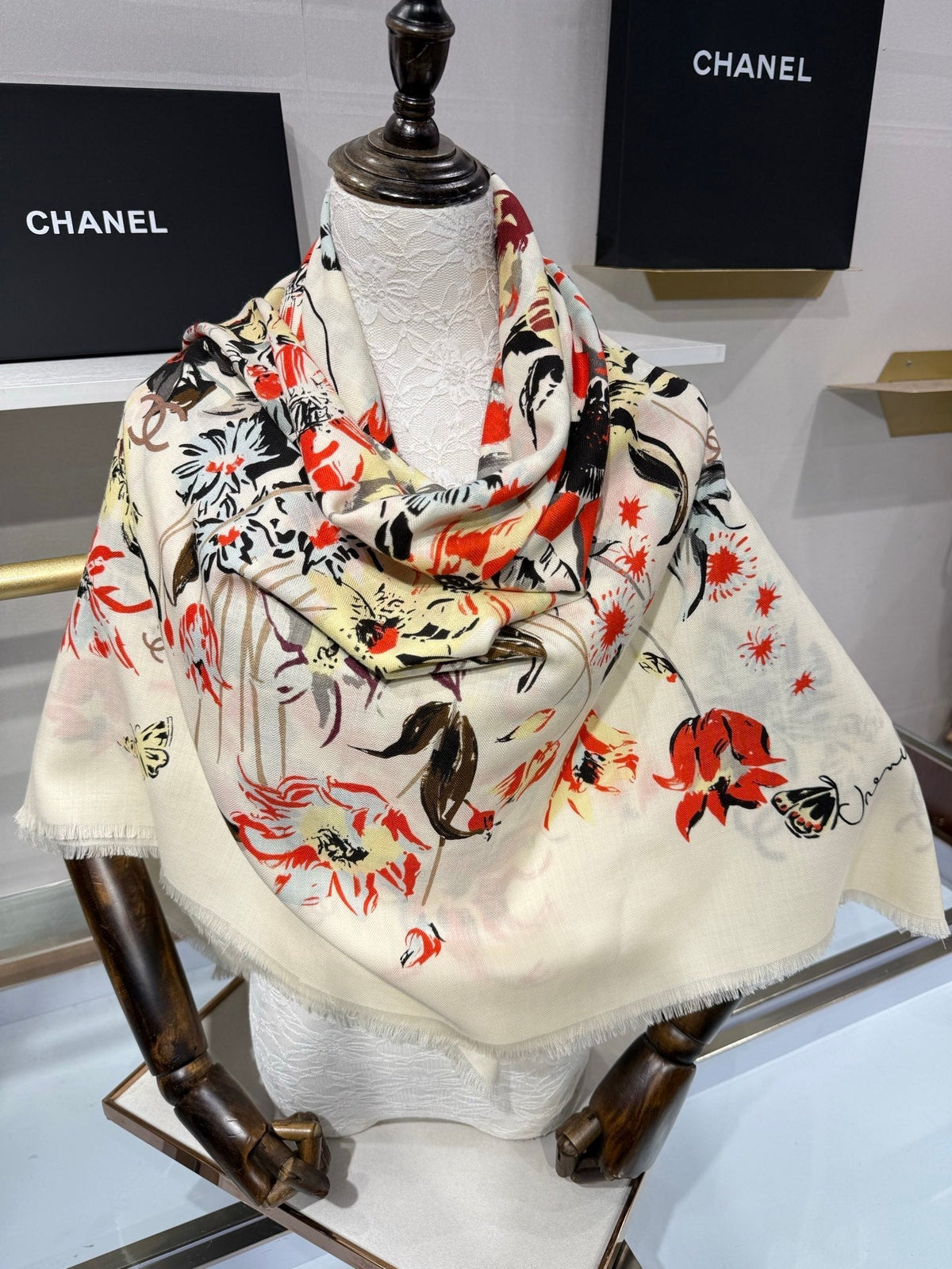 Chanel 2026 Square Scarf 140cm Red White Cashmere Silk 218853