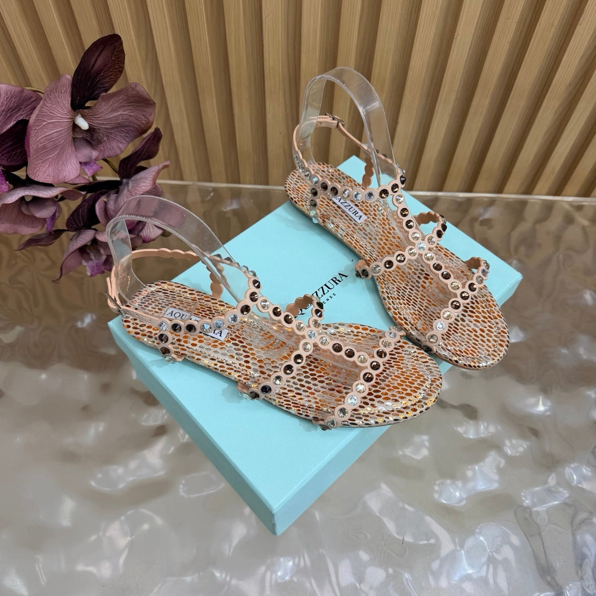 Aquazzura 26s Flat Sandals Beige Snakeskin Crystal Embellished 481953