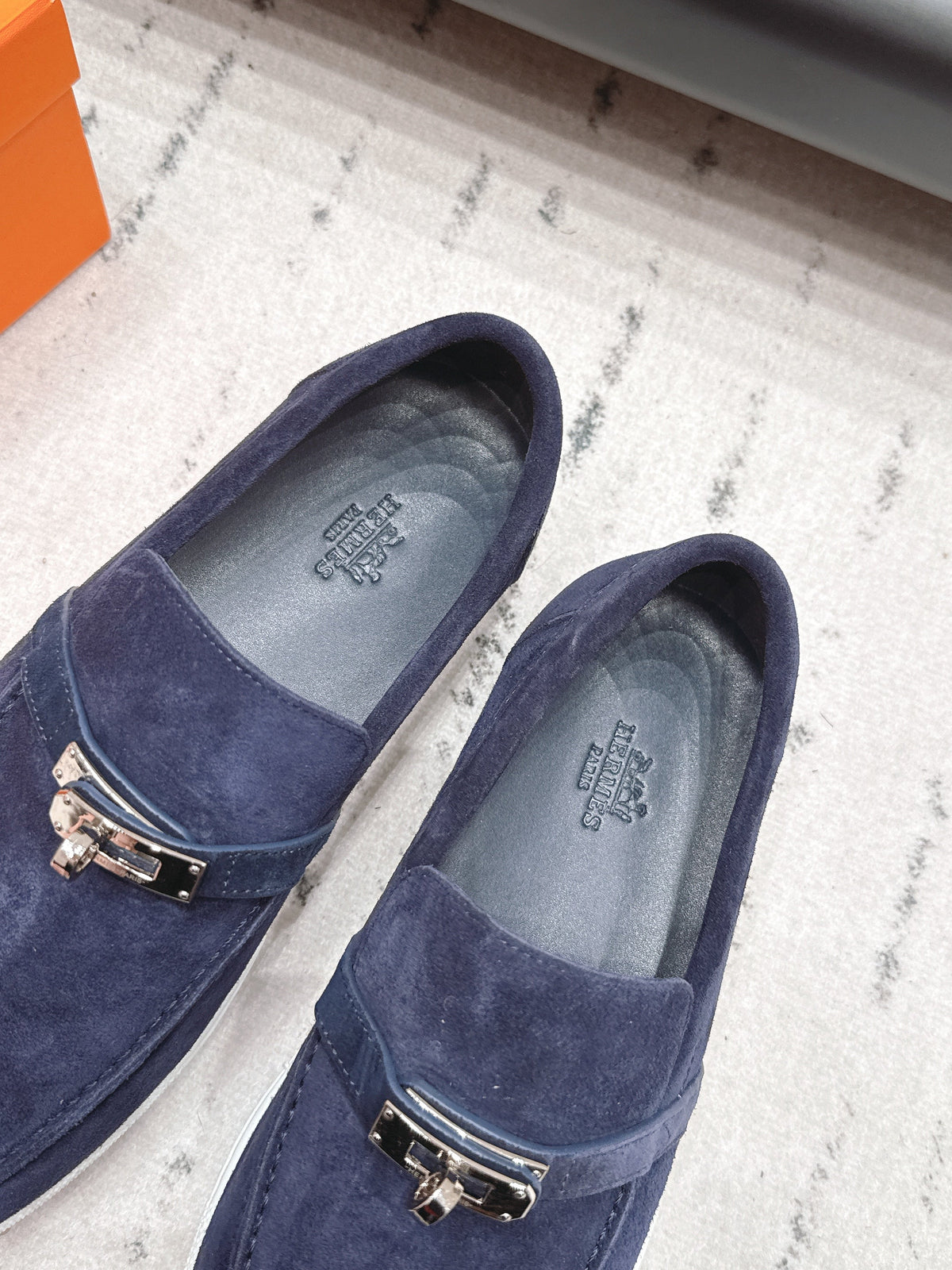 HM 26S Kelly Paris Loafers Navy Blue Suede Silver Hardware