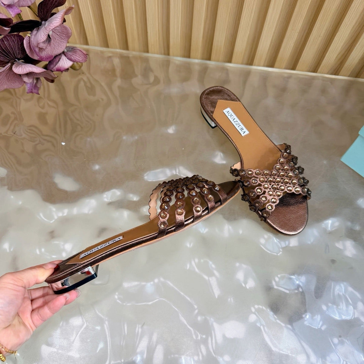 Aquazzura 26s Slides Bronze Calfskin 492015
