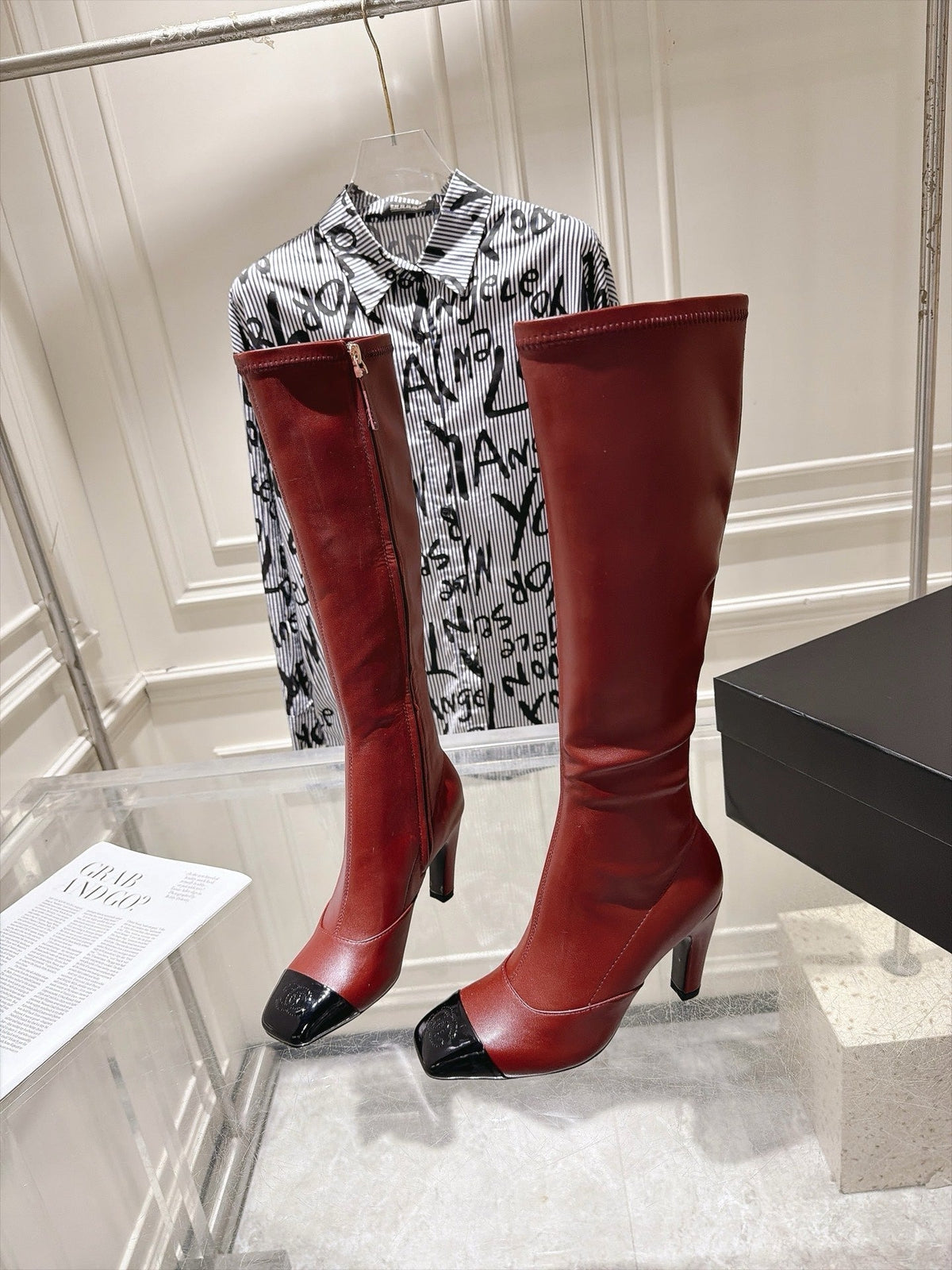 Chanel 26s High Heel Knee High Boots 8 Cm Burgundy Calfskin Black Patent Leather