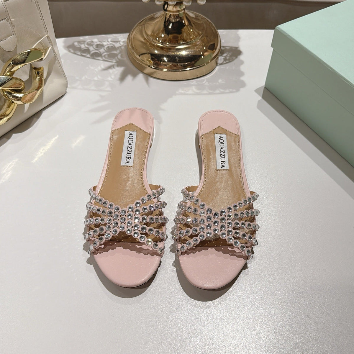 Aquazzura 26s Slides Light Pink Lambskin Crystal Embellished 592841