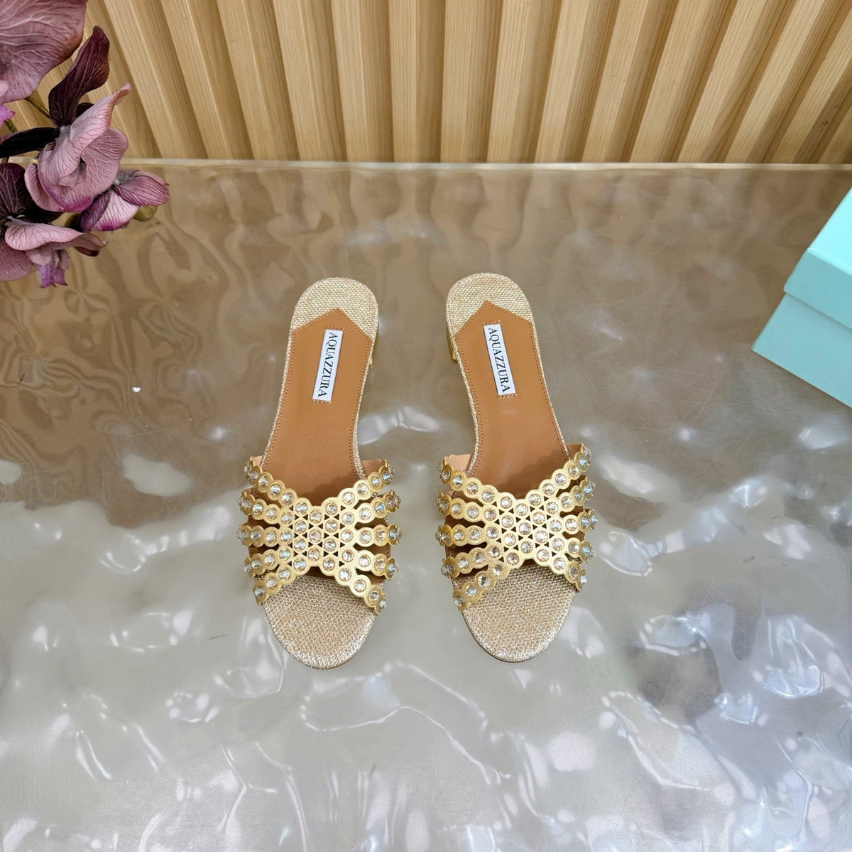 Aquazzura 26s Slides Beige Lurex Fabric 491028