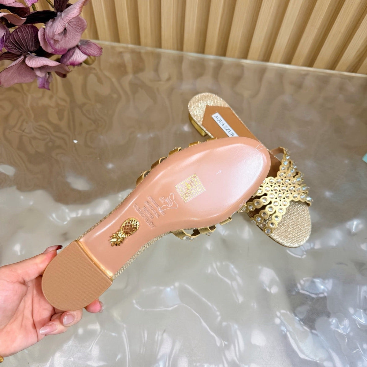 Aquazzura 26s Slides Beige Lurex Fabric 491028