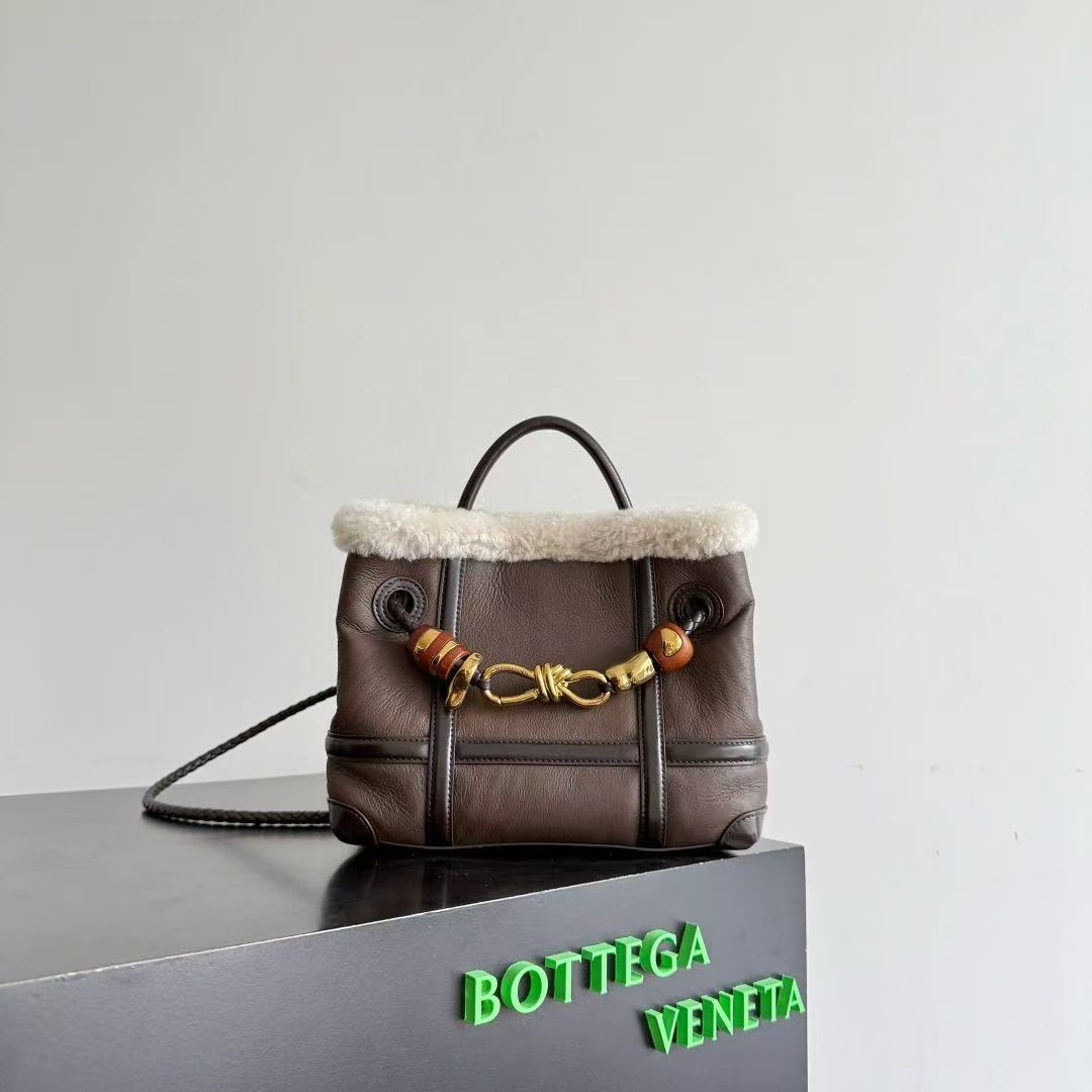 BV Andiamo Small  Brown White Fur Leather