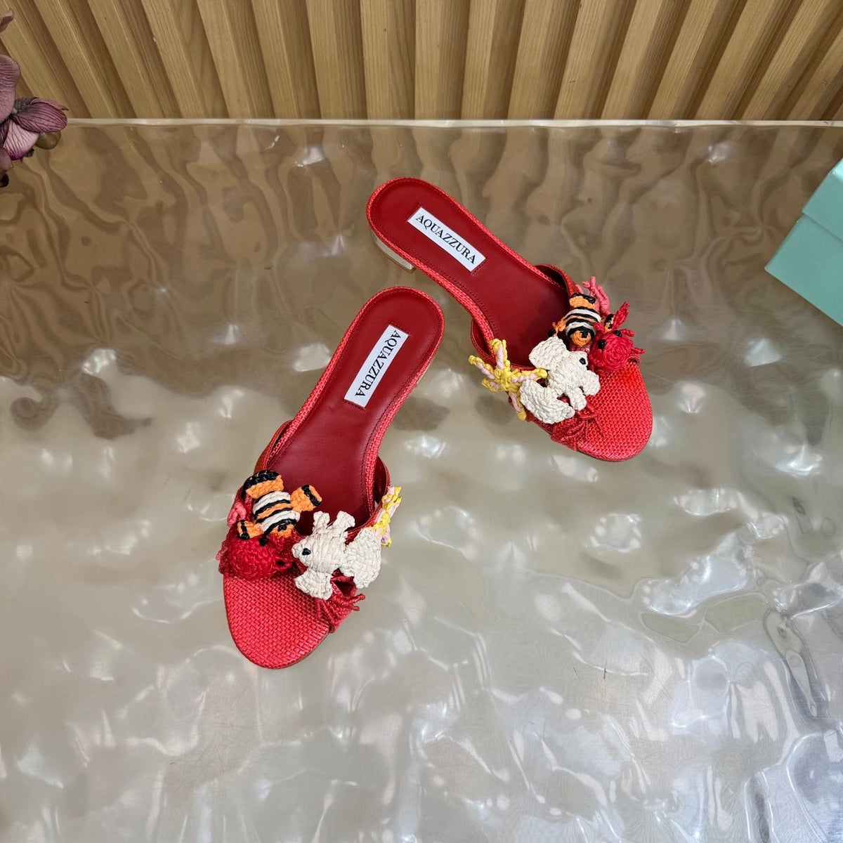Aquazzura 26s Sandals Red Canvas With Crochet Appliques 741953