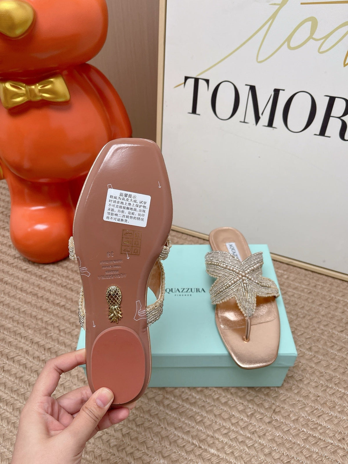Aquazzura 26s Starfish Beaded Thong Sandals Rose Gold Lambskin 682415