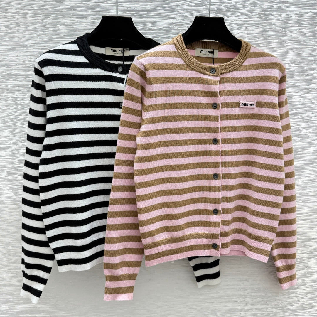 Miu 26FW Striped Knit Cardigan Round Neck Button-Front Wool 313339
