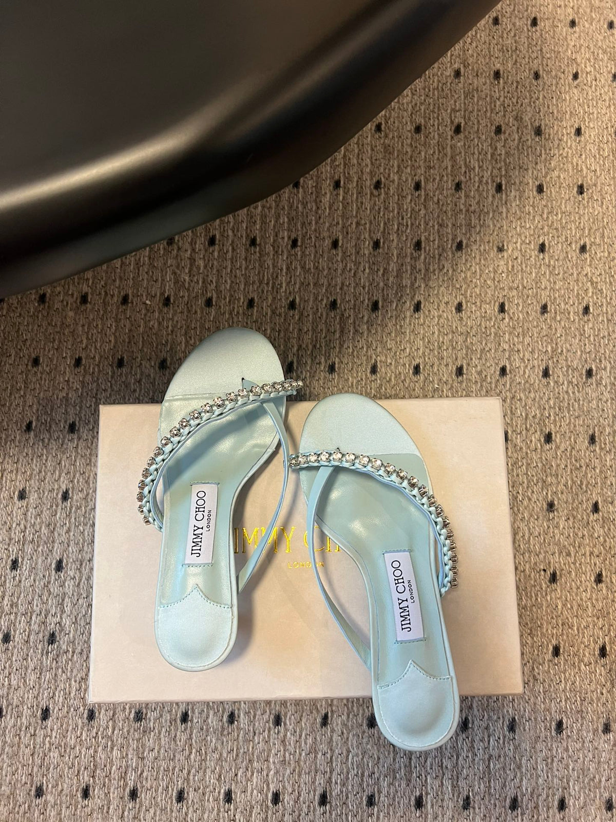 Jimmy Choo 26S Crystal Thong Sandals 4.5cm Pastel Blue Satin And Lambskin 629148