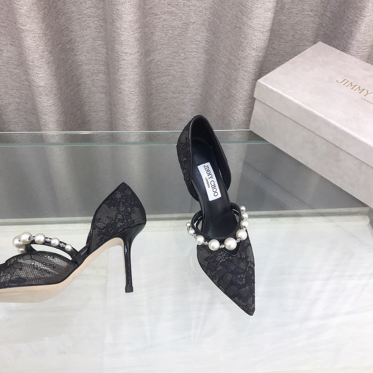 Jimmy Choo 26S High Heels 8.5cm Black Lace Pearl-Embellished 824195
