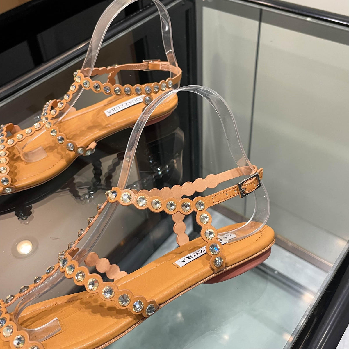 Aquazzura 26s Flat Sandals Camel Calfskin Crystal Embellished 492715
