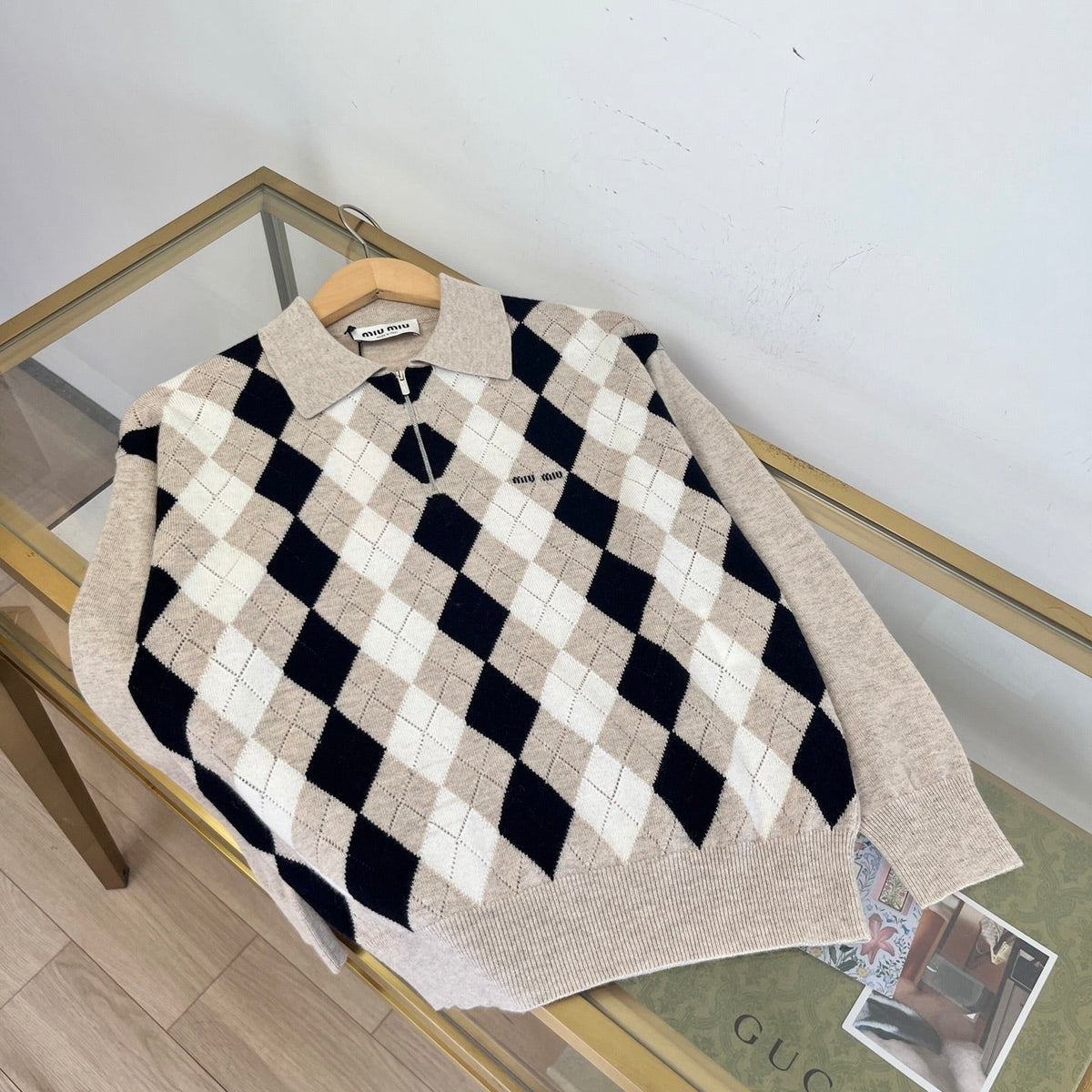 Miumiu 2026 Argyle Pattern Polo Sweater Beige Black Cashmere 435396