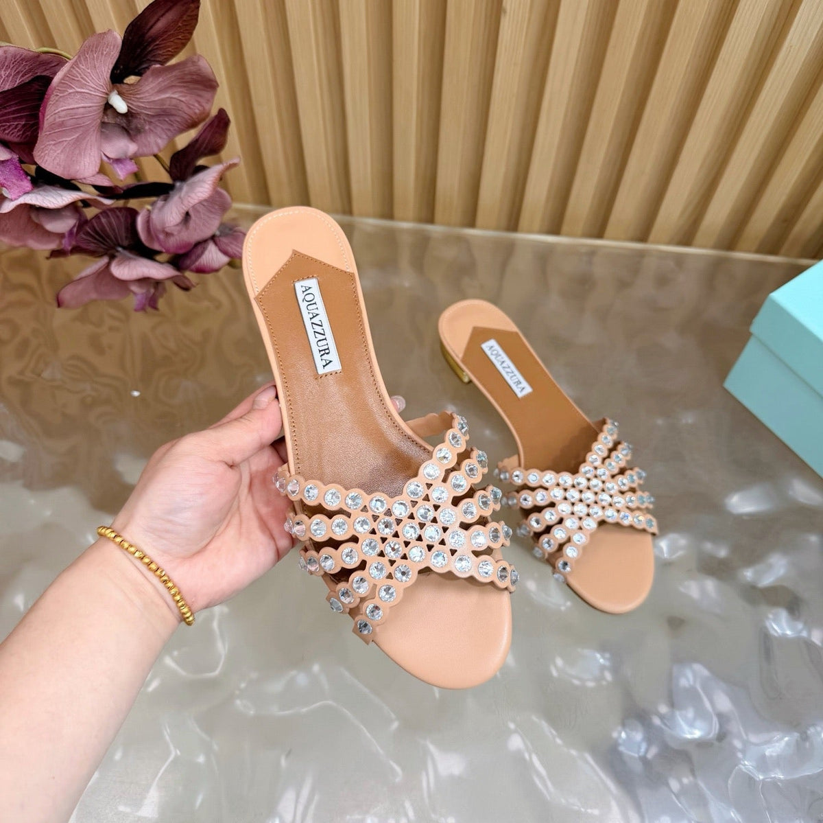Aquazzura 26s Slides Nude Calfskin Crystal-Embellished Straps 582049