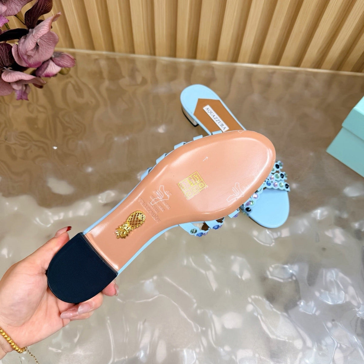 Aquazzura 26s Slides Sky Blue Calfskin Crystal-Embellished Straps 714953