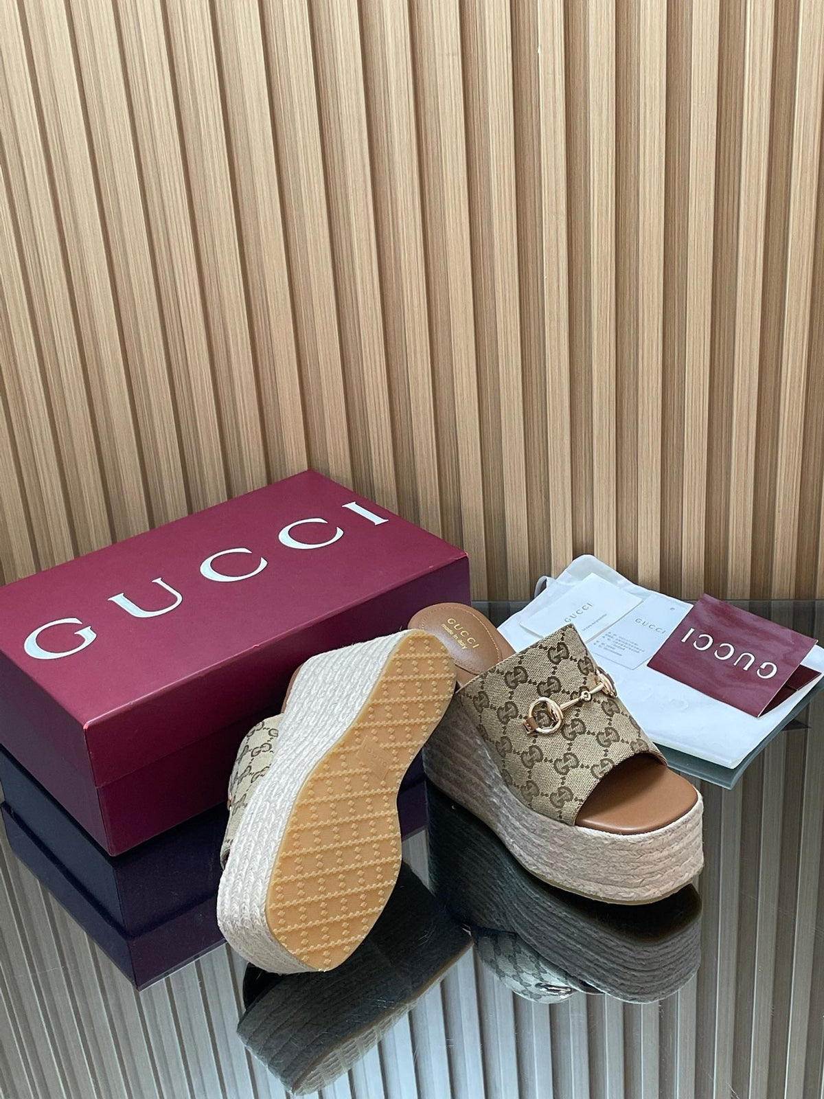 Gucci 26S Wedge Sandals 11Cm In Beige Canvas GG Monogram