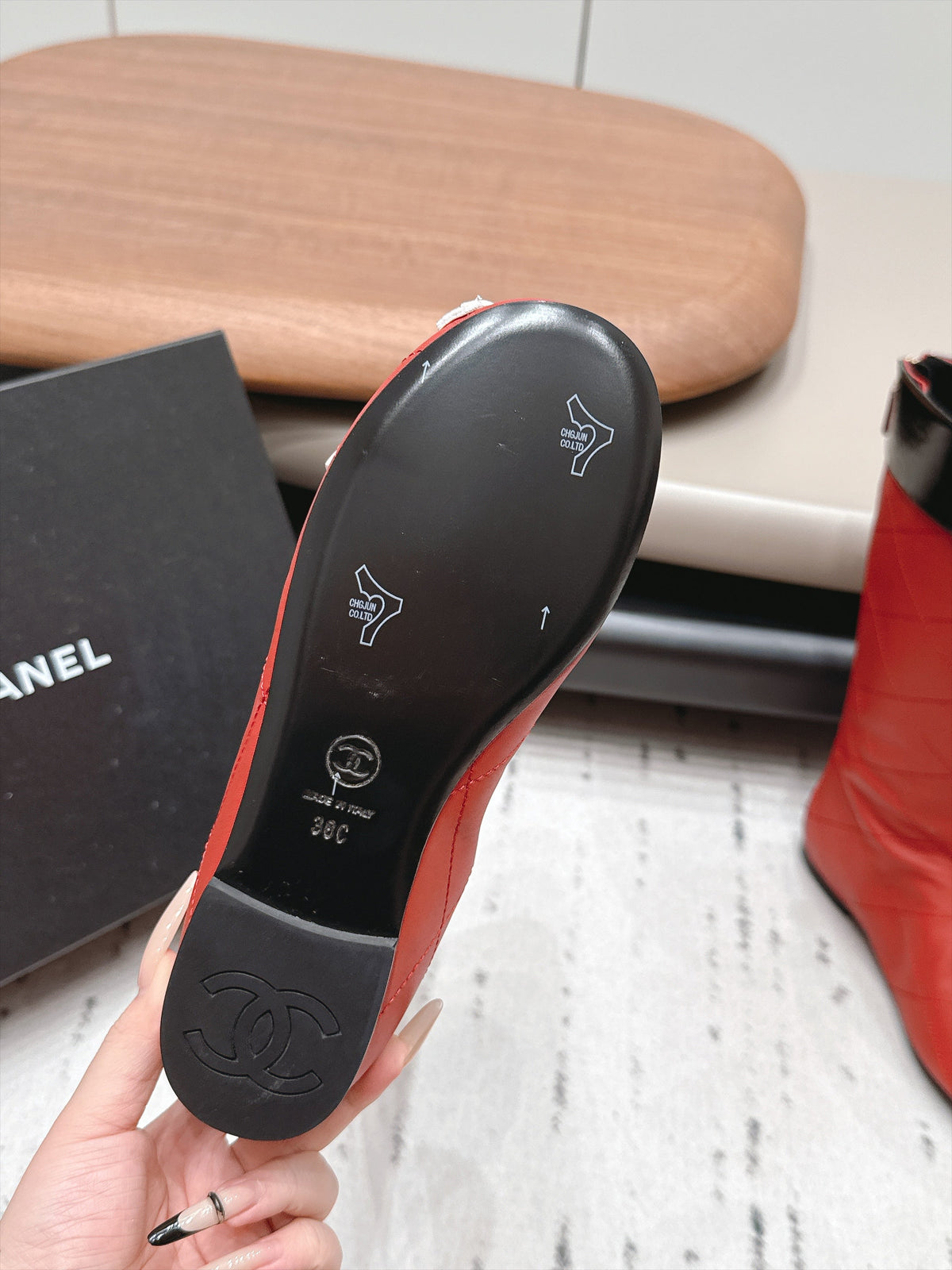 Chanel 26s Knee High Boots Red Quilted Calfskin Black Patent Cuff