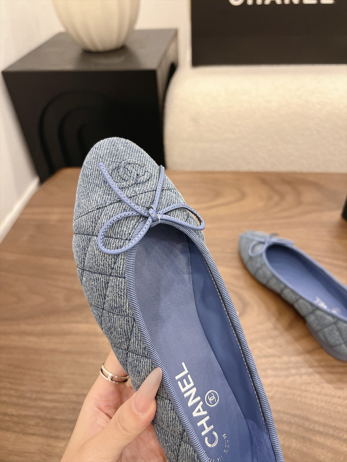Chanel 26s Ballet Flats Blue Denim CC Logo Bow Detail