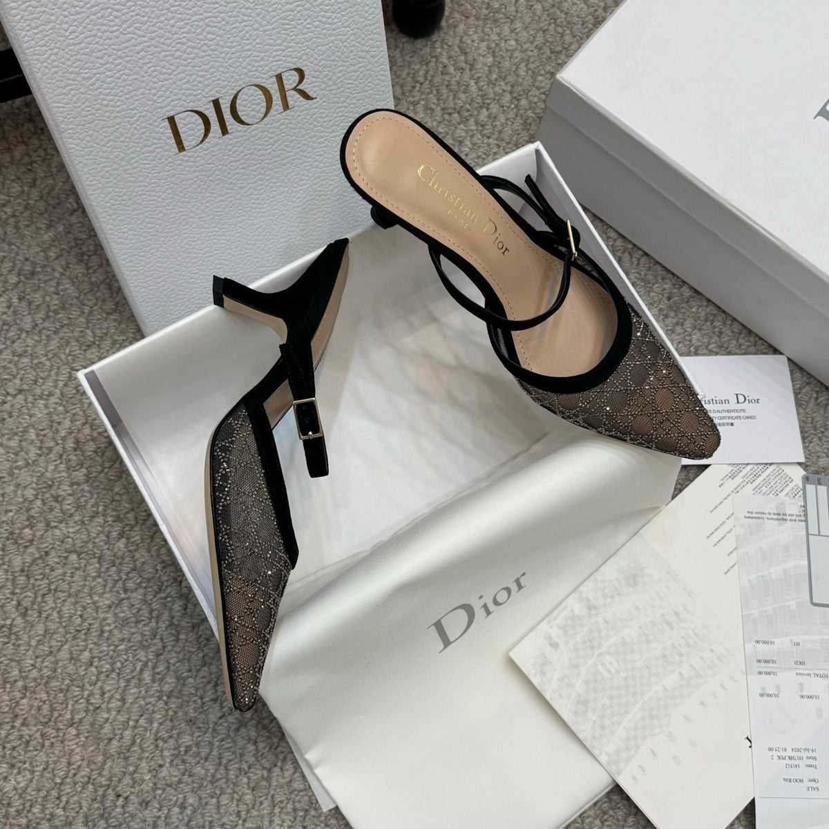 CD Rhinestone 6.5cm Slingback Sandals Imported Mesh 157553