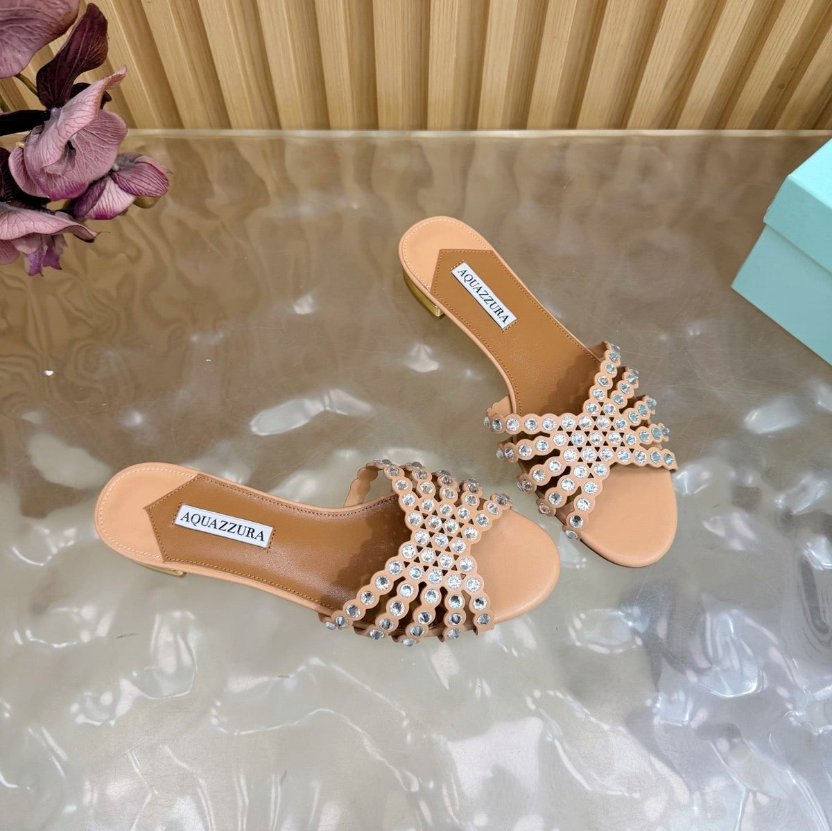 Aquazzura 26s Slides Nude Calfskin Crystal-Embellished Straps 582049