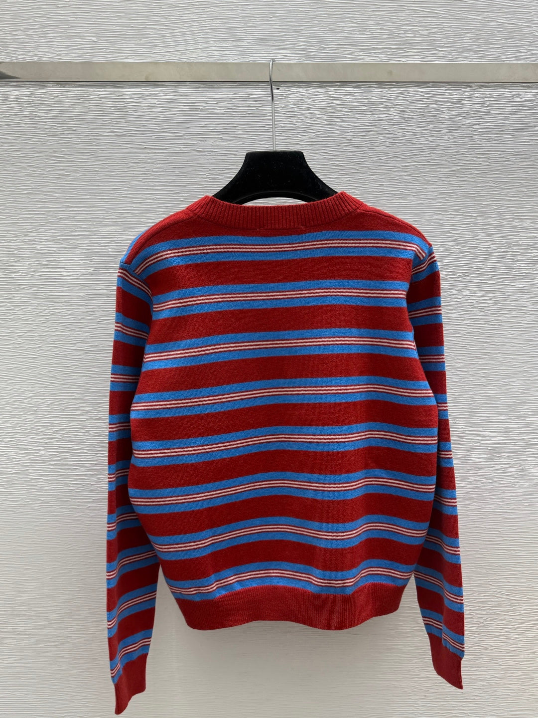Miu Striped Knit Cardigan Round Neck Button-Front Red Blue Wool 313352