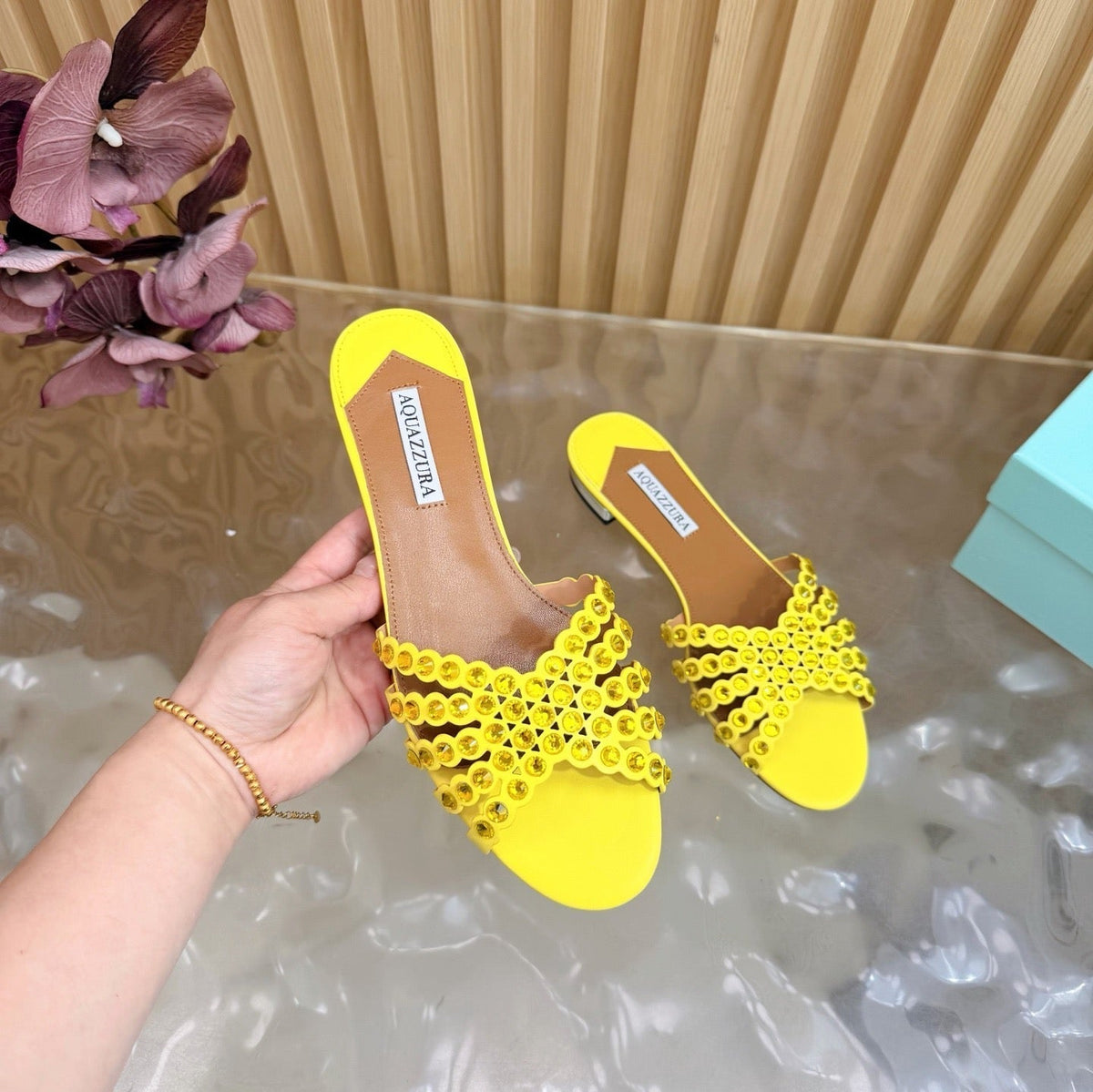 Aquazzura 26s Slides Yellow Calfskin Crystal-Embellished Straps 395104