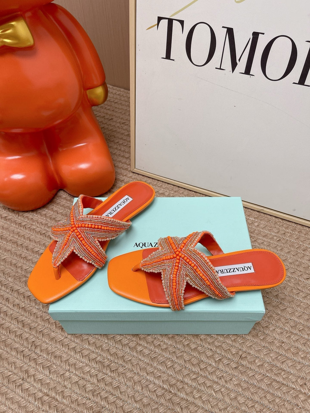 Aquazzura 26s Starfish Beaded Thong Sandals Orange Lambskin 502934