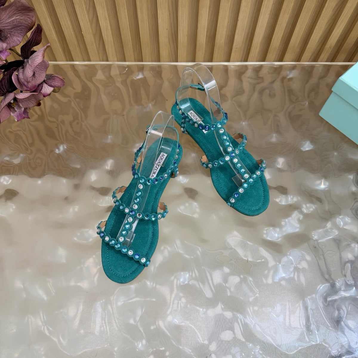 Aquazzura 26s Flat Sandals Teal Green Suede Crystal Embellished 615934