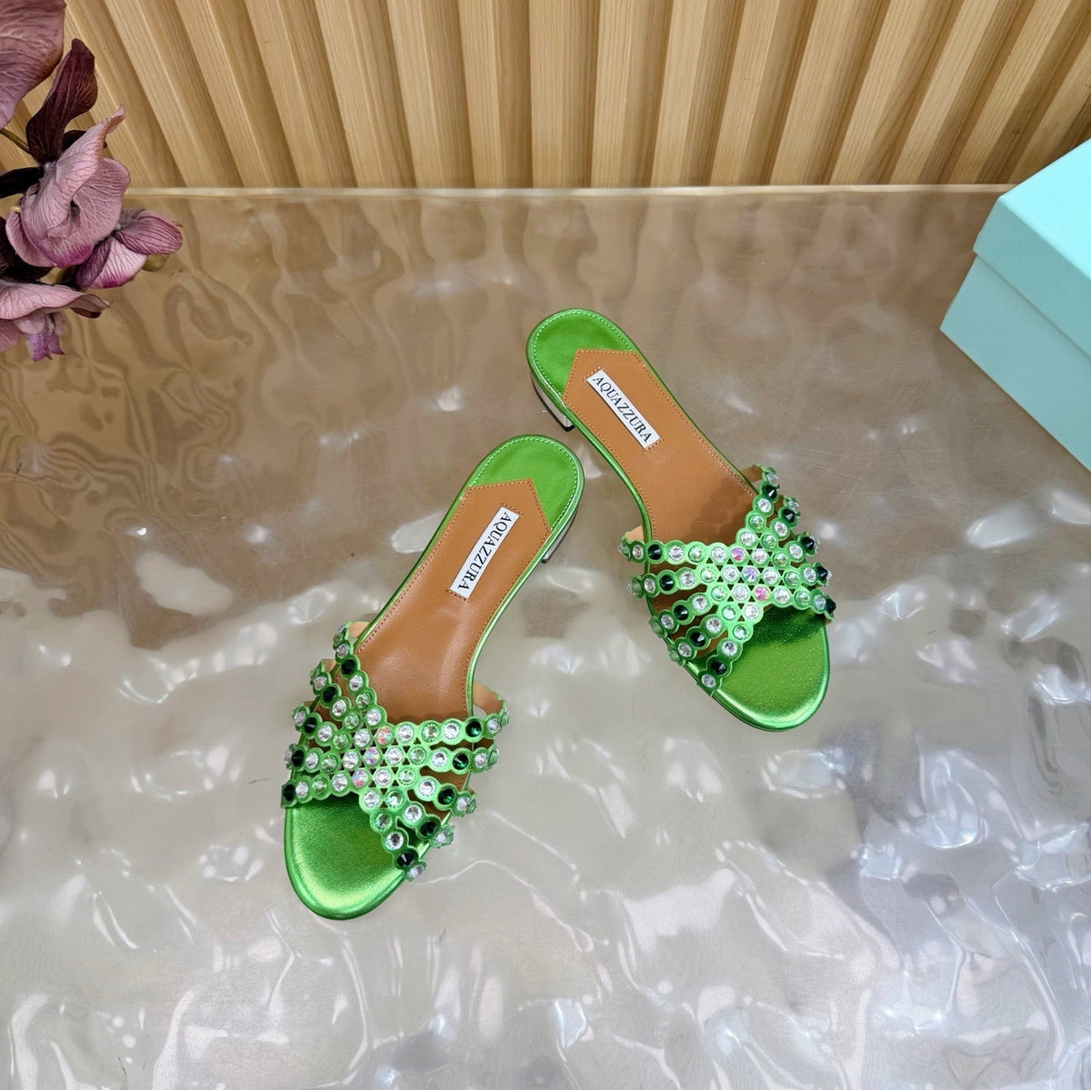 Aquazzura 26s Slides Green Lambskin Crystal Embellished 741935