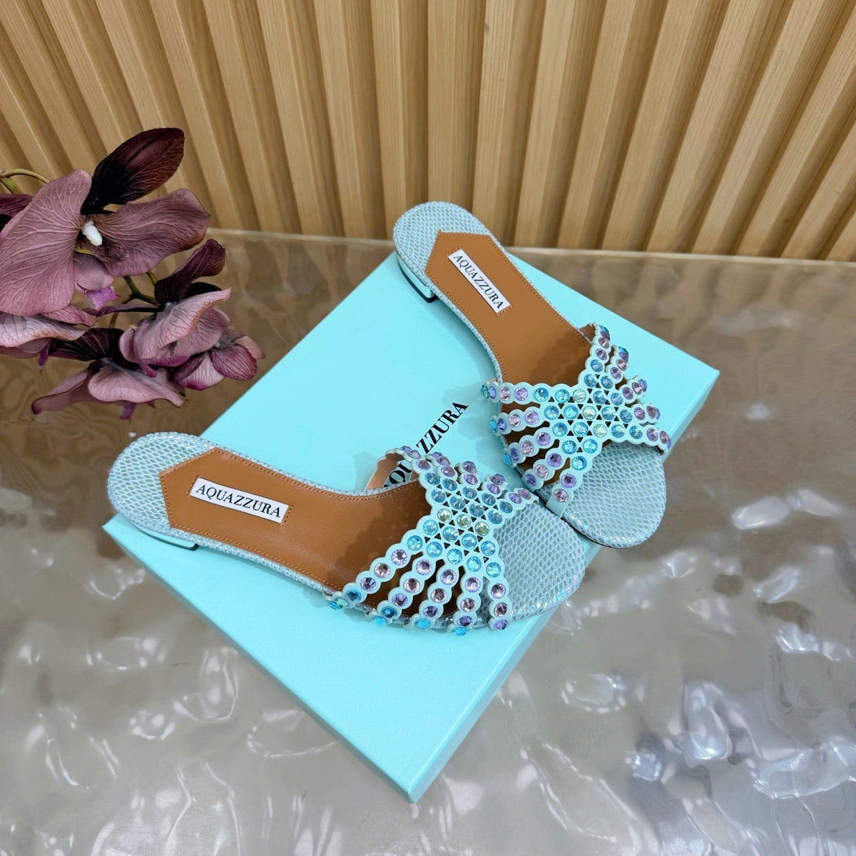 Aquazzura 26s Slides Light Blue Snakeskin Embossed Leather 482015