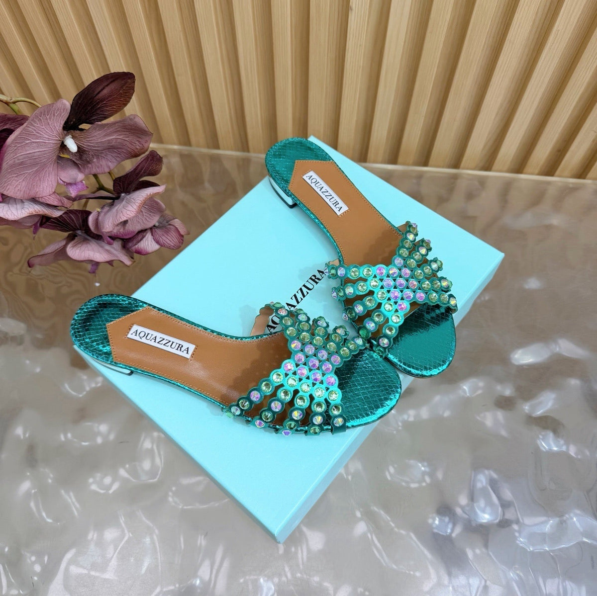 Aquazzura 26s Slides Emerald Green Snakeskin Embossed Leather 592814