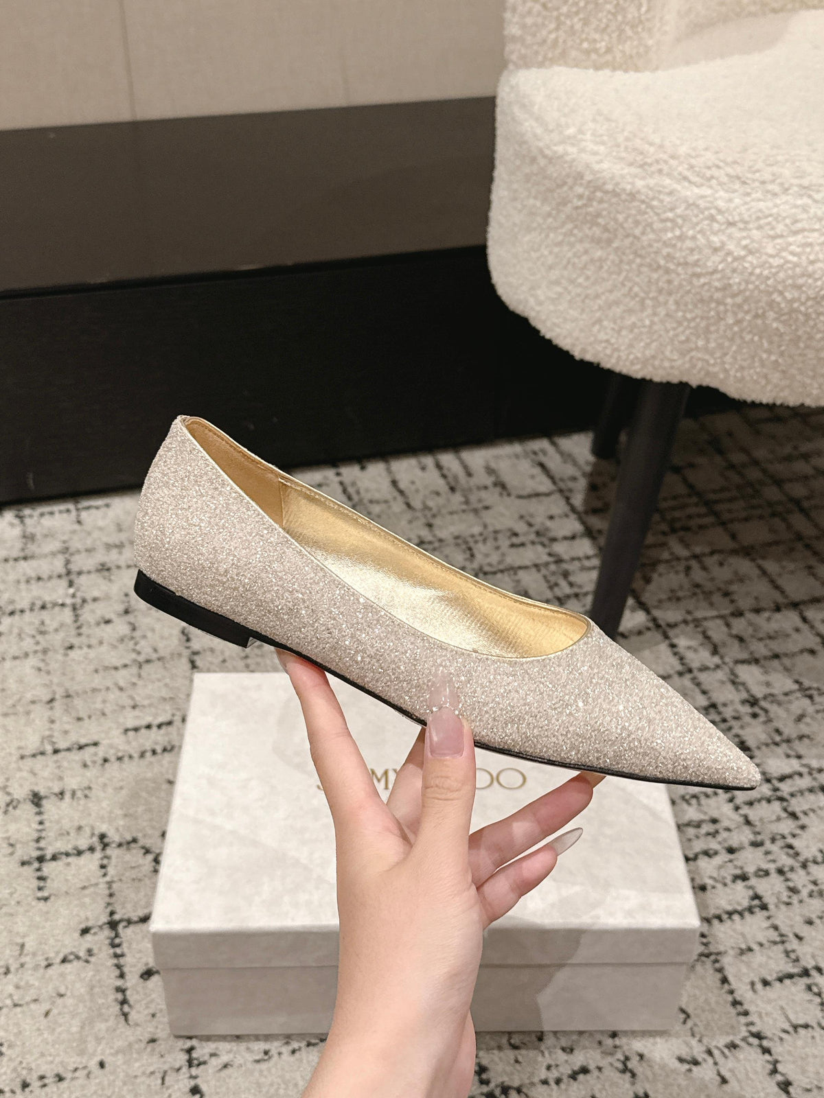 Jimmy Choo 26S Pointed Flats Champagne Gold Glitter 481539