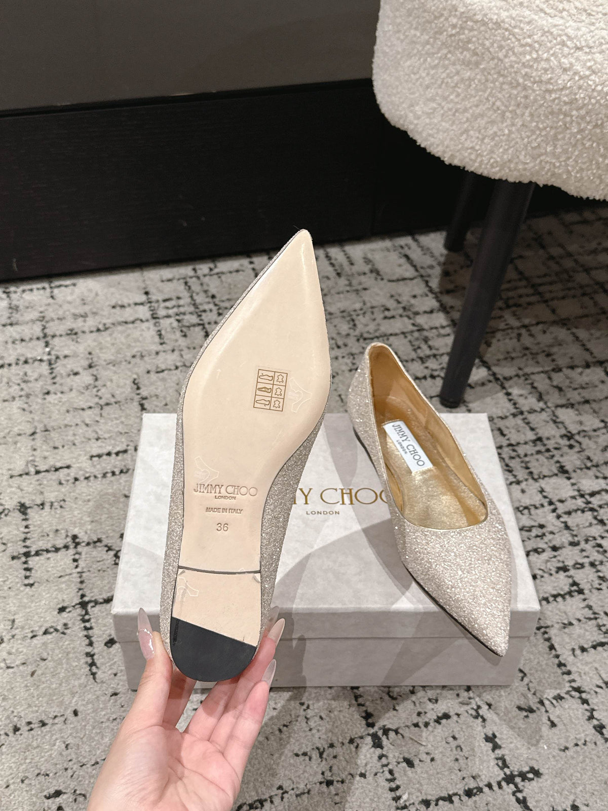 Jimmy Choo 26S Pointed Flats Champagne Gold Glitter 481539