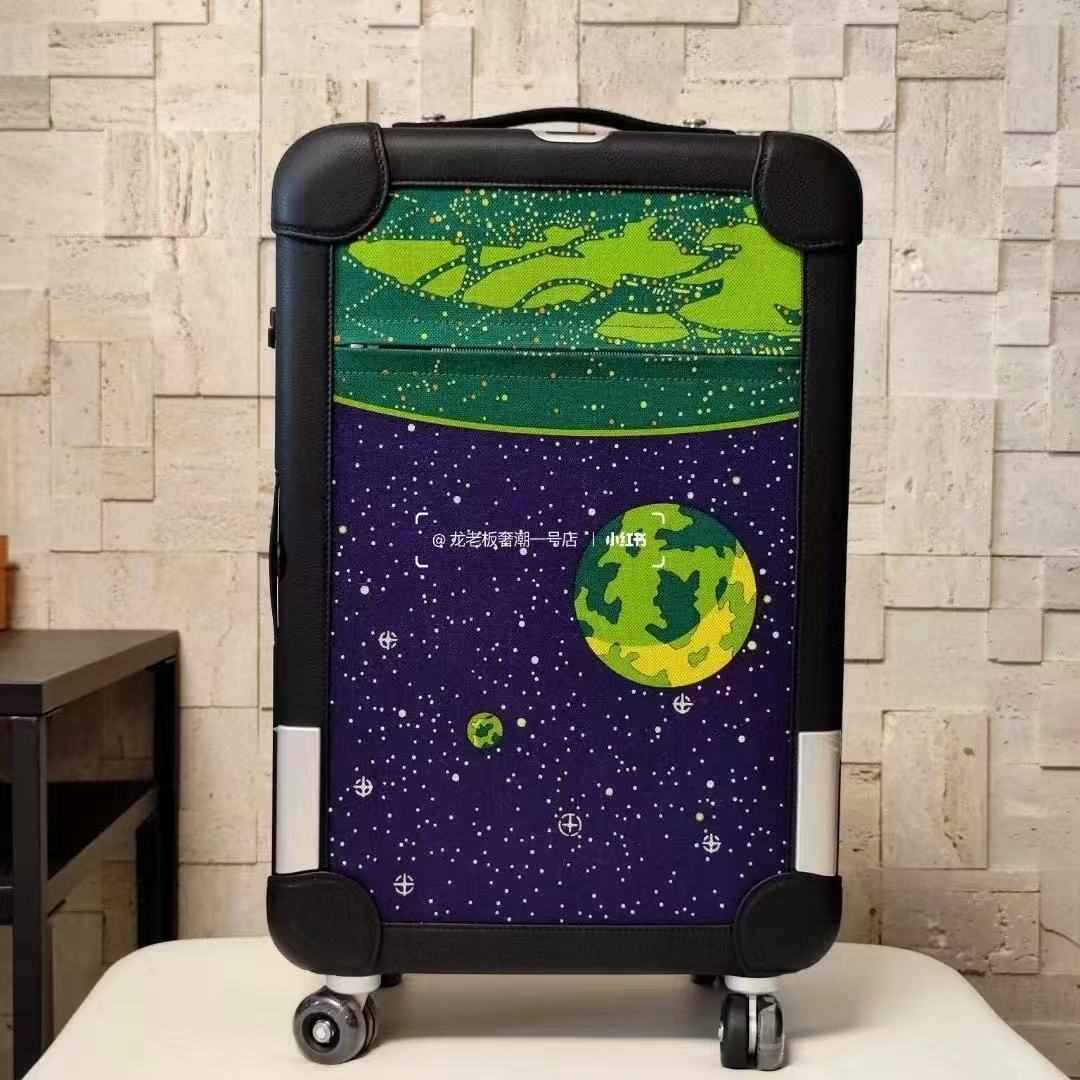 HM R.M.S Cabin Suitcase Printed Odyssey Black Canvas & Taurillon Regate Leather