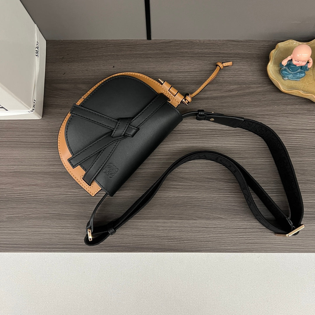 Mini Gate Dual bag in soft calfskin and jacquard Black and Tan smooth caflskin