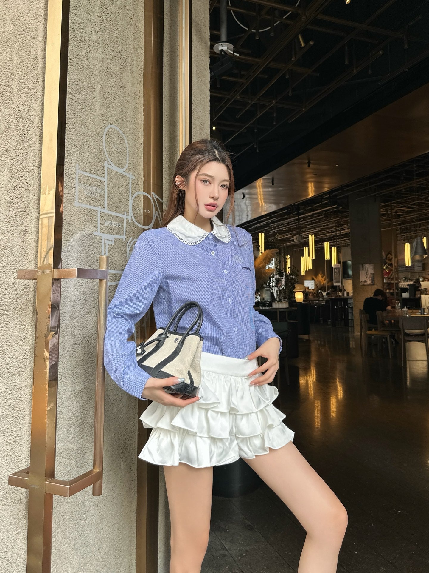 Miu Peter Pan Collar Plaid Shirt Blue Cotton 392635