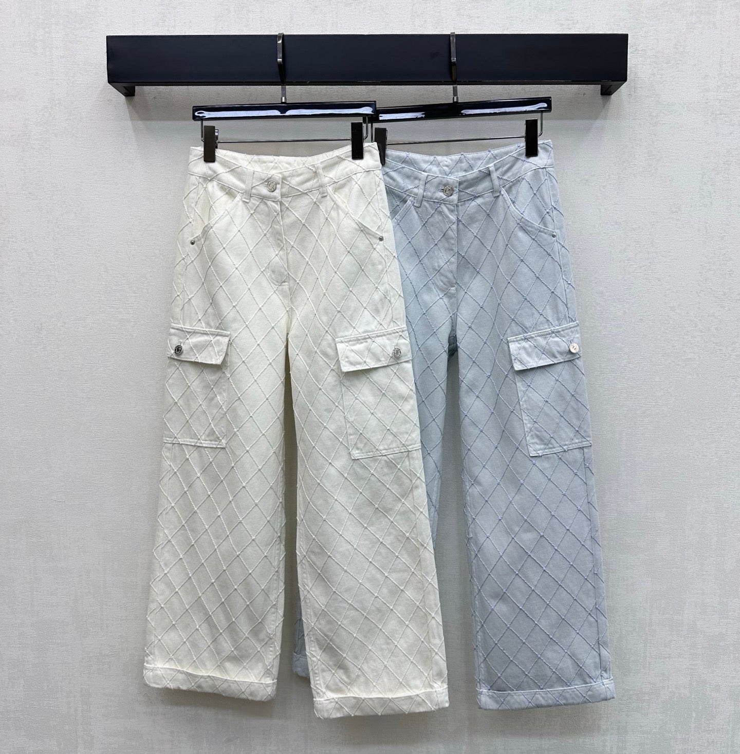 CC 26 Diamond-Patterned Denim Pants with Fold-Up Design in Cotton