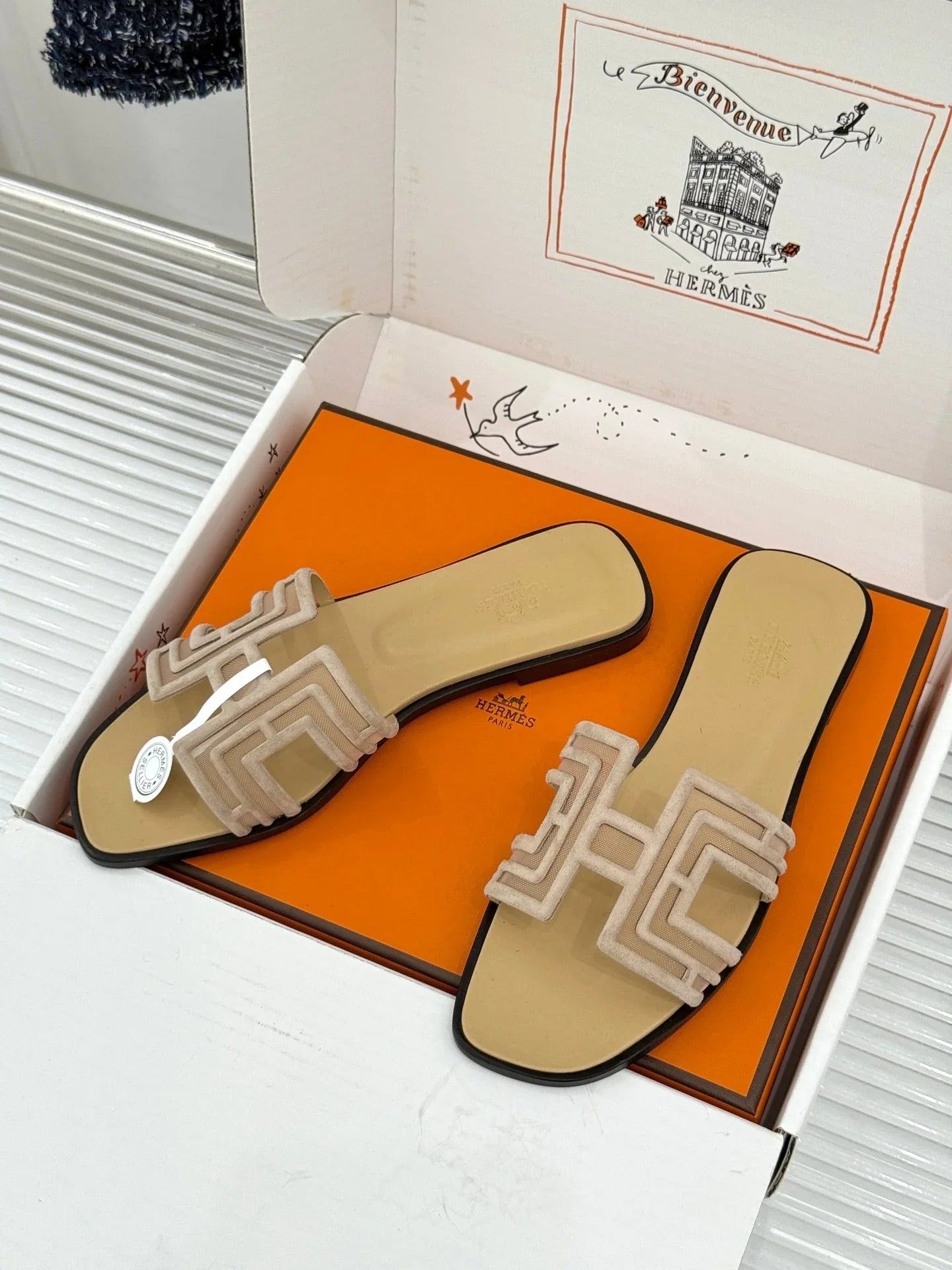 Hermes 2026 Oran Sandal Flat Suede Mesh 898415